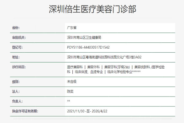 深圳倍生医疗美容门诊部资质 深圳倍生医疗美容门诊部资质